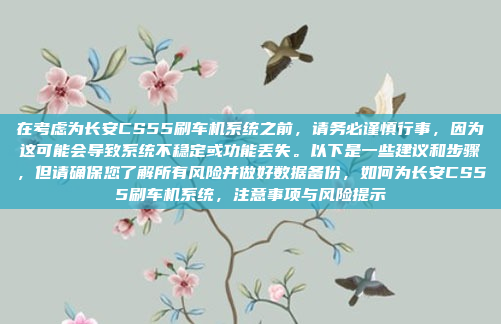 在考虑为长安CS55刷车机系统之前，请务必谨慎行事，因为这可能会导致系统不稳定或功能丢失。以下是一些建议和步骤，但请确保您了解所有风险并做好数据备份，如何为长安CS55刷车机系统，注意事项与风险提示