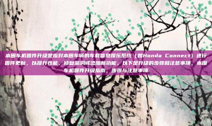 本田车机固件升级是指对本田车辆的车载信息娱乐系统(如Honda Connect)进行固件更新,以提升性能、修复漏洞或添加新功能。以下是升级的步骤和注意事项,本田车机固件升级指南,步骤与注意事项