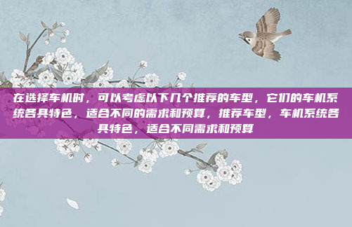 在选择车机时，可以考虑以下几个推荐的车型，它们的车机系统各具特色，适合不同的需求和预算，推荐车型，车机系统各具特色，适合不同需求和预算