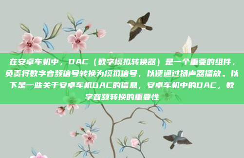 在安卓车机中，DAC（数字模拟转换器）是一个重要的组件，负责将数字音频信号转换为模拟信号，以便通过扬声器播放。以下是一些关于安卓车机DAC的信息，安卓车机中的DAC，数字音频转换的重要性