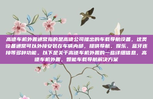 高德车机外置通常指的是高德公司推出的车载导航设备，这类设备通常可以外接安装在车辆内部，提供导航、娱乐、蓝牙连接等多种功能。以下是关于高德车机外置的一些详细信息，高德车机外置，智能车载导航解决方案