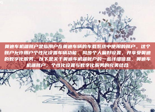 奥迪车机端账户是指用户在奥迪车辆的车载系统中使用的账户。这个账户允许用户个性化设置车辆功能、同步个人偏好设置，并享受奥迪的数字化服务。以下是关于奥迪车机端账户的一些详细信息，奥迪车机端账户，个性化设置与数字化服务的完美结合