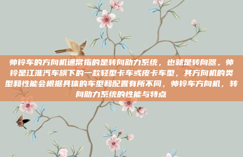 帅铃车的方向机通常指的是转向助力系统，也就是转向器。帅铃是江淮汽车旗下的一款轻型卡车或皮卡车型，其方向机的类型和性能会根据具体的车型和配置有所不同，帅铃车方向机，转向助力系统的性能与特点
