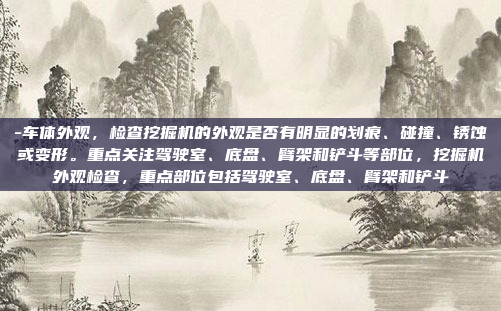 -车体外观,检查挖掘机的外观是否有明显的划痕、碰撞、锈蚀或变形。重点关注驾驶室、底盘、臂架和铲斗等部位,挖掘机外观检查,重点部位包括驾驶室、底盘、臂架和铲斗