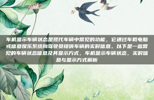 车机显示车辆状态是现代车辆中常见的功能,它通过车载电脑或信息娱乐系统向驾驶员提供车辆的实时信息。以下是一些常见的车辆状态信息及其显示方式,车机显示车辆状态,实时信息与显示方式解析