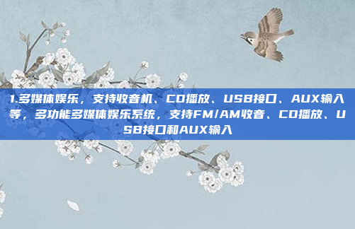 1.多媒体娱乐，支持收音机、CD播放、USB接口、AUX输入等，多功能多媒体娱乐系统，支持FM/AM收音、CD播放、USB接口和AUX输入