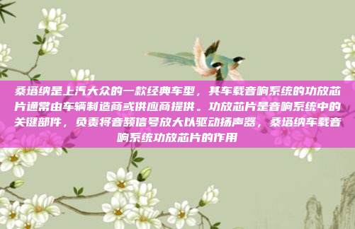 桑塔纳是上汽大众的一款经典车型，其车载音响系统的功放芯片通常由车辆制造商或供应商提供。功放芯片是音响系统中的关键部件，负责将音频信号放大以驱动扬声器，桑塔纳车载音响系统功放芯片的作用