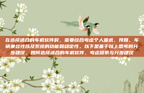 在选择适合的车机软件时，需要综合考虑个人需求、预算、车辆兼容性以及系统的功能和稳定性。以下是基于以上思考的分步建议，如何选择适合的车机软件，考虑因素与分步建议