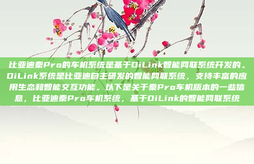 比亚迪秦Pro的车机系统是基于DiLink智能网联系统开发的。DiLink系统是比亚迪自主研发的智能网联系统,支持丰富的应用生态和智能交互功能。以下是关于秦Pro车机版本的一些信息,比亚迪秦Pro车机系统,基于DiLink的智能网联系统