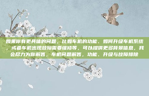 如果你有更具体的问题，比如车机的功能、如何升级车机系统，或者车机出现故障需要维修等，可以提供更多背景信息，我会尽力为你解答，车机问题解答，功能、升级与故障排除