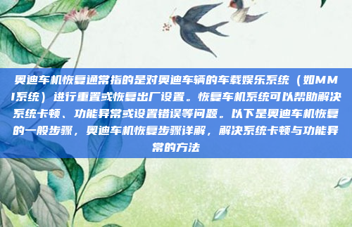 奥迪车机恢复通常指的是对奥迪车辆的车载娱乐系统（如MMI系统）进行重置或恢复出厂设置。恢复车机系统可以帮助解决系统卡顿、功能异常或设置错误等问题。以下是奥迪车机恢复的一般步骤，奥迪车机恢复步骤详解，解决系统卡顿与功能异常的方法