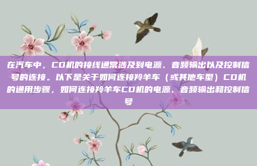 在汽车中，CD机的接线通常涉及到电源、音频输出以及控制信号的连接。以下是关于如何连接羚羊车（或其他车型）CD机的通用步骤，如何连接羚羊车CD机的电源、音频输出和控制信号
