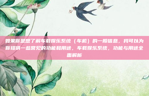 如果你是想了解车载娱乐系统（车机）的一般信息，我可以为你提供一些常见的功能和用途，车载娱乐系统，功能与用途全面解析