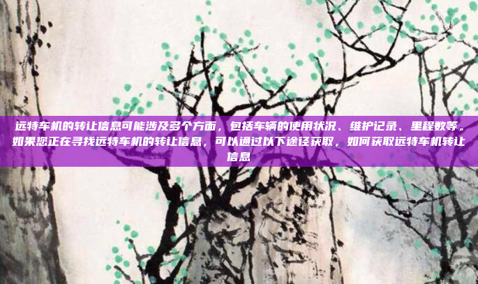 远特车机的转让信息可能涉及多个方面，包括车辆的使用状况、维护记录、里程数等。如果您正在寻找远特车机的转让信息，可以通过以下途径获取，如何获取远特车机转让信息