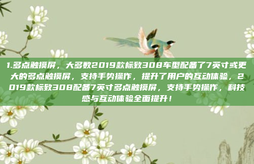 1.多点触摸屏，大多数2019款标致308车型配备了7英寸或更大的多点触摸屏，支持手势操作，提升了用户的互动体验，2019款标致308配备7英寸多点触摸屏，支持手势操作，科技感与互动体验全面提升！
