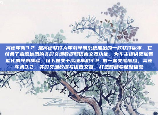 高德车机3.2 是高德软件为车载导航系统推出的一款软件版本，它结合了高德地图的实时交通数据和语音交互功能，为车主提供更加智能化的导航体验。以下是关于高德车机3.2 的一些关键信息，高德车机3.2，实时交通数据与语音交互，打造智能导航新体验