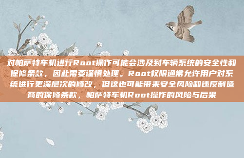 对帕萨特车机进行Root操作可能会涉及到车辆系统的安全性和保修条款，因此需要谨慎处理。Root权限通常允许用户对系统进行更深层次的修改，但这也可能带来安全风险和违反制造商的保修条款，帕萨特车机Root操作的风险与后果