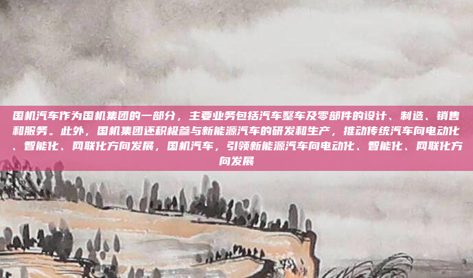 国机汽车作为国机集团的一部分，主要业务包括汽车整车及零部件的设计、制造、销售和服务。此外，国机集团还积极参与新能源汽车的研发和生产，推动传统汽车向电动化、智能化、网联化方向发展，国机汽车，引领新能源汽车向电动化、智能化、网联化方向发展