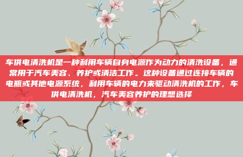 车供电清洗机是一种利用车辆自身电源作为动力的清洗设备，通常用于汽车美容、养护或清洁工作。这种设备通过连接车辆的电瓶或其他电源系统，利用车辆的电力来驱动清洗机的工作，车供电清洗机，汽车美容养护的理想选择