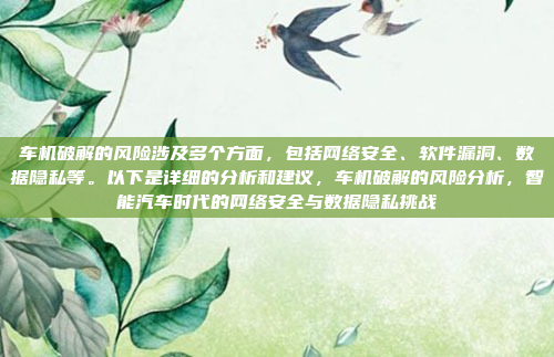 车机破解的风险涉及多个方面，包括网络安全、软件漏洞、数据隐私等。以下是详细的分析和建议，车机破解的风险分析，智能汽车时代的网络安全与数据隐私挑战