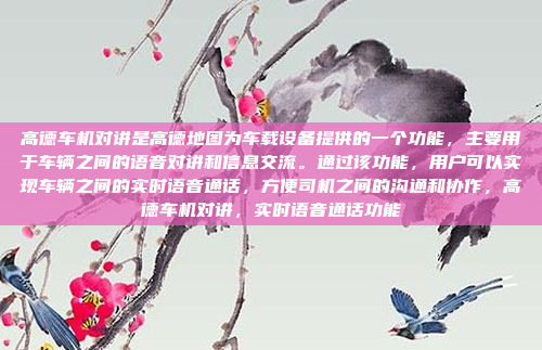 高德车机对讲是高德地图为车载设备提供的一个功能,主要用于车辆之间的语音对讲和信息交流。通过该功能,用户可以实现车辆之间的实时语音通话,方便司机之间的沟通和协作,高德车机对讲,实时语音通话功能