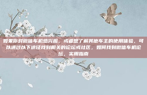 如果你对微信车机感兴趣，或者想了解其他车主的使用体验，可以通过以下途径找到相关的论坛或社区，如何找到微信车机论坛，实用指南