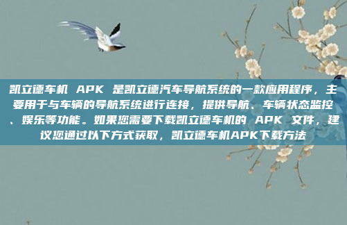 凯立德车机 APK 是凯立德汽车导航系统的一款应用程序，主要用于与车辆的导航系统进行连接，提供导航、车辆状态监控、娱乐等功能。如果您需要下载凯立德车机的 APK 文件，建议您通过以下方式获取，凯立德车机APK下载方法