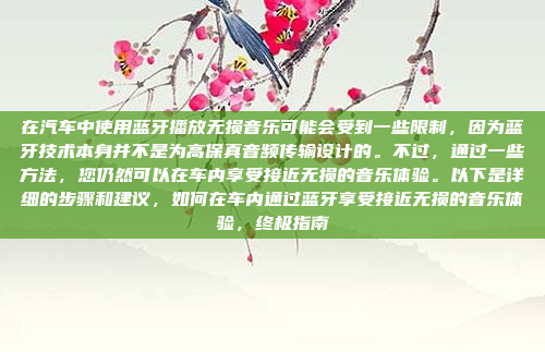 在汽车中使用蓝牙播放无损音乐可能会受到一些限制，因为蓝牙技术本身并不是为高保真音频传输设计的。不过，通过一些方法，您仍然可以在车内享受接近无损的音乐体验。以下是详细的步骤和建议，如何在车内通过蓝牙享受接近无损的音乐体验，终极指南
