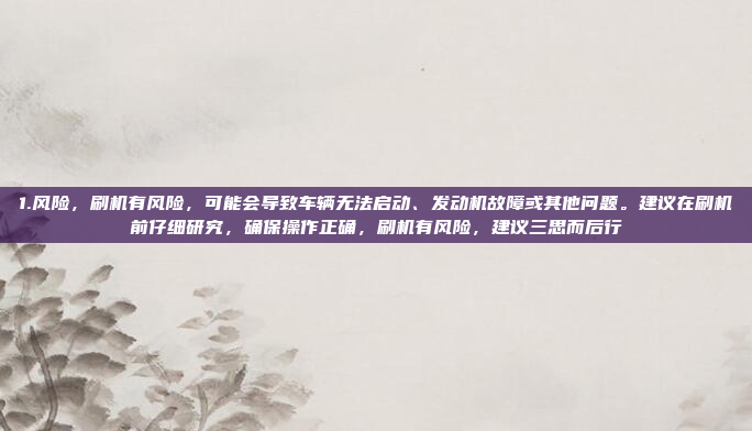 1.风险，刷机有风险，可能会导致车辆无法启动、发动机故障或其他问题。建议在刷机前仔细研究，确保操作正确，刷机有风险，建议三思而后行