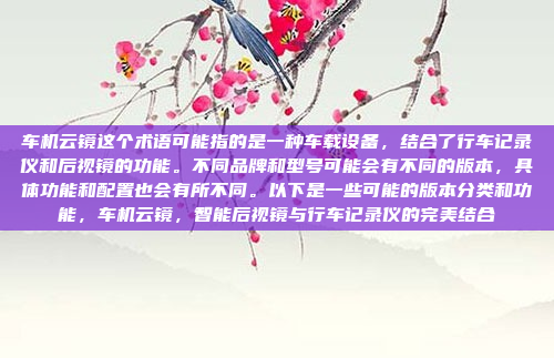 车机云镜这个术语可能指的是一种车载设备,结合了行车记录仪和后视镜的功能。不同品牌和型号可能会有不同的版本,具体功能和配置也会有所不同。以下是一些可能的版本分类和功能,车机云镜,智能后视镜与行车记录仪的完美结合