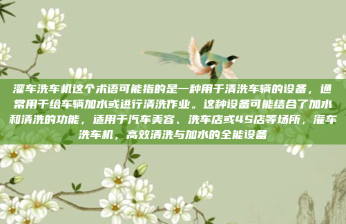 灌车洗车机这个术语可能指的是一种用于清洗车辆的设备，通常用于给车辆加水或进行清洗作业。这种设备可能结合了加水和清洗的功能，适用于汽车美容、洗车店或4S店等场所，灌车洗车机，高效清洗与加水的全能设备