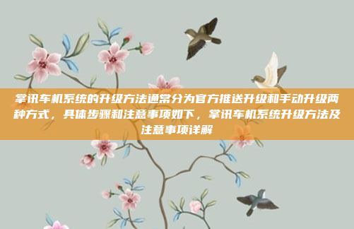 掌讯车机系统的升级方法通常分为官方推送升级和手动升级两种方式，具体步骤和注意事项如下，掌讯车机系统升级方法及注意事项详解