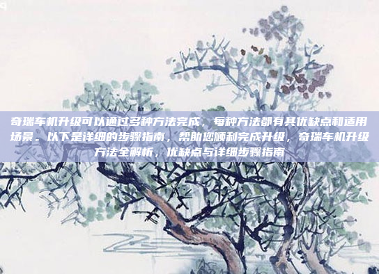 奇瑞车机升级可以通过多种方法完成，每种方法都有其优缺点和适用场景。以下是详细的步骤指南，帮助您顺利完成升级，奇瑞车机升级方法全解析，优缺点与详细步骤指南