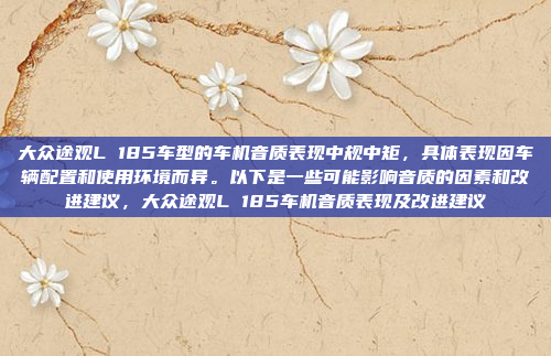大众途观L 185车型的车机音质表现中规中矩，具体表现因车辆配置和使用环境而异。以下是一些可能影响音质的因素和改进建议，大众途观L 185车机音质表现及改进建议