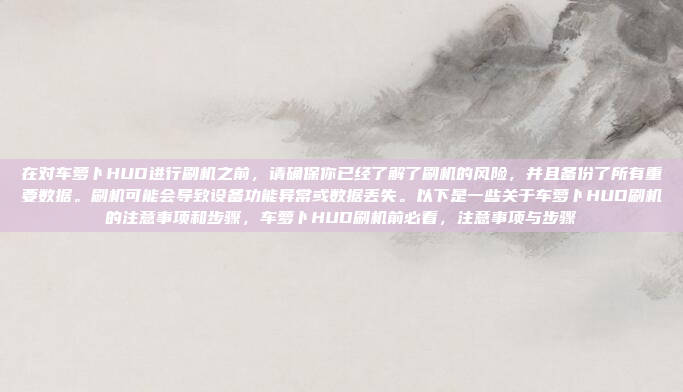 在对车萝卜HUD进行刷机之前，请确保你已经了解了刷机的风险，并且备份了所有重要数据。刷机可能会导致设备功能异常或数据丢失。以下是一些关于车萝卜HUD刷机的注意事项和步骤，车萝卜HUD刷机前必看，注意事项与步骤