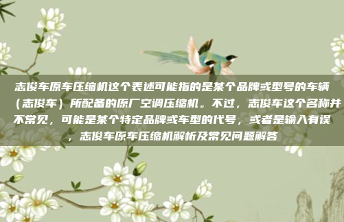 志俊车原车压缩机这个表述可能指的是某个品牌或型号的车辆（志俊车）所配备的原厂空调压缩机。不过，志俊车这个名称并不常见，可能是某个特定品牌或车型的代号，或者是输入有误，志俊车原车压缩机解析及常见问题解答
