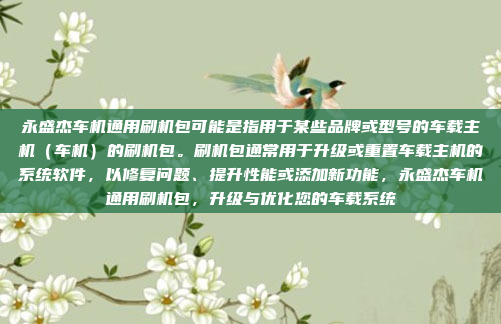 永盛杰车机通用刷机包可能是指用于某些品牌或型号的车载主机（车机）的刷机包。刷机包通常用于升级或重置车载主机的系统软件，以修复问题、提升性能或添加新功能，永盛杰车机通用刷机包，升级与优化您的车载系统