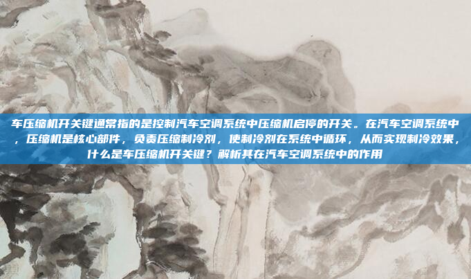 车压缩机开关键通常指的是控制汽车空调系统中压缩机启停的开关。在汽车空调系统中，压缩机是核心部件，负责压缩制冷剂，使制冷剂在系统中循环，从而实现制冷效果，什么是车压缩机开关键？解析其在汽车空调系统中的作用