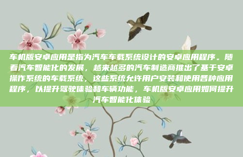 车机版安卓应用是指为汽车车载系统设计的安卓应用程序。随着汽车智能化的发展，越来越多的汽车制造商推出了基于安卓操作系统的车载系统，这些系统允许用户安装和使用各种应用程序，以提升驾驶体验和车辆功能，车机版安卓应用如何提升汽车智能化体验