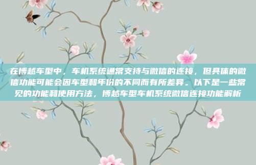在博越车型中，车机系统通常支持与微信的连接，但具体的微信功能可能会因车型和年份的不同而有所差异。以下是一些常见的功能和使用方法，博越车型车机系统微信连接功能解析
