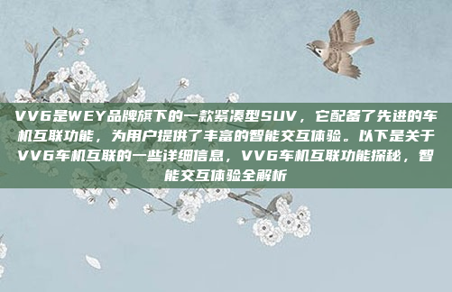 VV6是WEY品牌旗下的一款紧凑型SUV，它配备了先进的车机互联功能，为用户提供了丰富的智能交互体验。以下是关于VV6车机互联的一些详细信息，VV6车机互联功能探秘，智能交互体验全解析