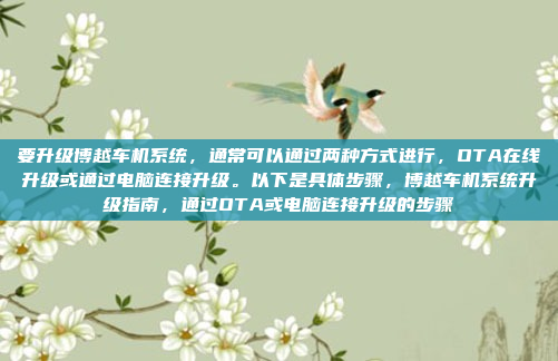 要升级博越车机系统，通常可以通过两种方式进行，OTA在线升级或通过电脑连接升级。以下是具体步骤，博越车机系统升级指南，通过OTA或电脑连接升级的步骤