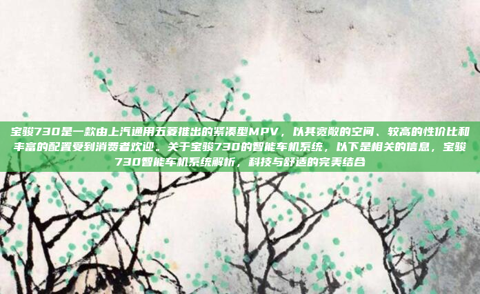 宝骏730是一款由上汽通用五菱推出的紧凑型MPV，以其宽敞的空间、较高的性价比和丰富的配置受到消费者欢迎。关于宝骏730的智能车机系统，以下是相关的信息，宝骏730智能车机系统解析，科技与舒适的完美结合