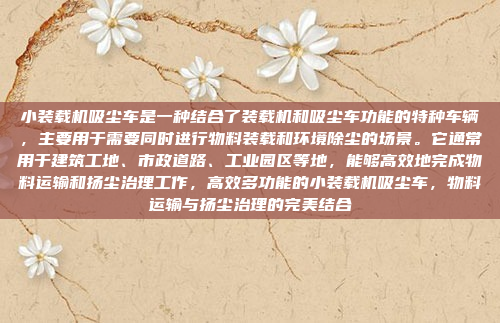 小装载机吸尘车是一种结合了装载机和吸尘车功能的特种车辆，主要用于需要同时进行物料装载和环境除尘的场景。它通常用于建筑工地、市政道路、工业园区等地，能够高效地完成物料运输和扬尘治理工作，高效多功能的小装载机吸尘车，物料运输与扬尘治理的完美结合