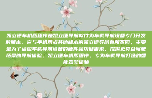 凯立德车机版程序是凯立德导航软件为车载导航设备专门开发的版本。它与手机版或其他版本的凯立德导航有所不同，主要是为了适应车载导航设备的硬件和功能需求，提供更符合驾驶场景的导航体验，凯立德车机版程序，专为车载导航打造的智能驾驶体验