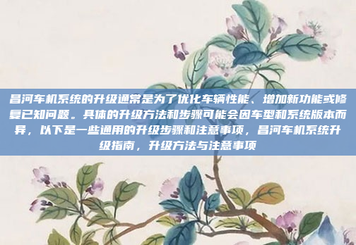 昌河车机系统的升级通常是为了优化车辆性能、增加新功能或修复已知问题。具体的升级方法和步骤可能会因车型和系统版本而异,以下是一些通用的升级步骤和注意事项,昌河车机系统升级指南,升级方法与注意事项