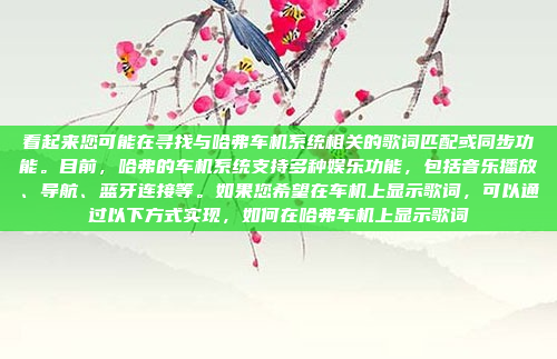 看起来您可能在寻找与哈弗车机系统相关的歌词匹配或同步功能。目前,哈弗的车机系统支持多种娱乐功能,包括音乐播放、导航、蓝牙连接等。如果您希望在车机上显示歌词,可以通过以下方式实现,如何在哈弗车机上显示歌词