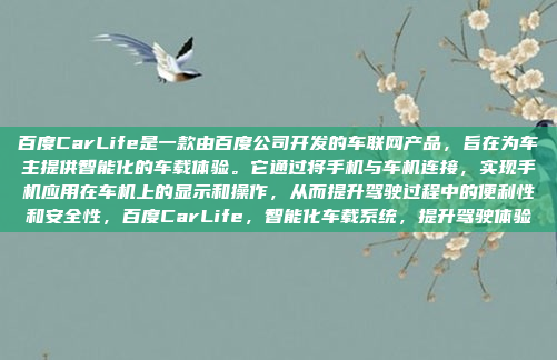 百度CarLife是一款由百度公司开发的车联网产品，旨在为车主提供智能化的车载体验。它通过将手机与车机连接，实现手机应用在车机上的显示和操作，从而提升驾驶过程中的便利性和安全性，百度CarLife，智能化车载系统，提升驾驶体验