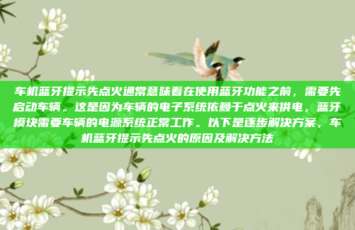 车机蓝牙提示先点火通常意味着在使用蓝牙功能之前，需要先启动车辆。这是因为车辆的电子系统依赖于点火来供电，蓝牙模块需要车辆的电源系统正常工作。以下是逐步解决方案，车机蓝牙提示先点火的原因及解决方法