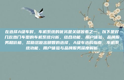 在选择A级车时，车机系统的优劣是关键因素之一。以下是对几款热门车型的车机系统分析，结合功能、用户体验、品牌服务和价格，帮助您做出明智的选择，A级车选购指南，车机系统功能、用户体验与品牌服务深度解析